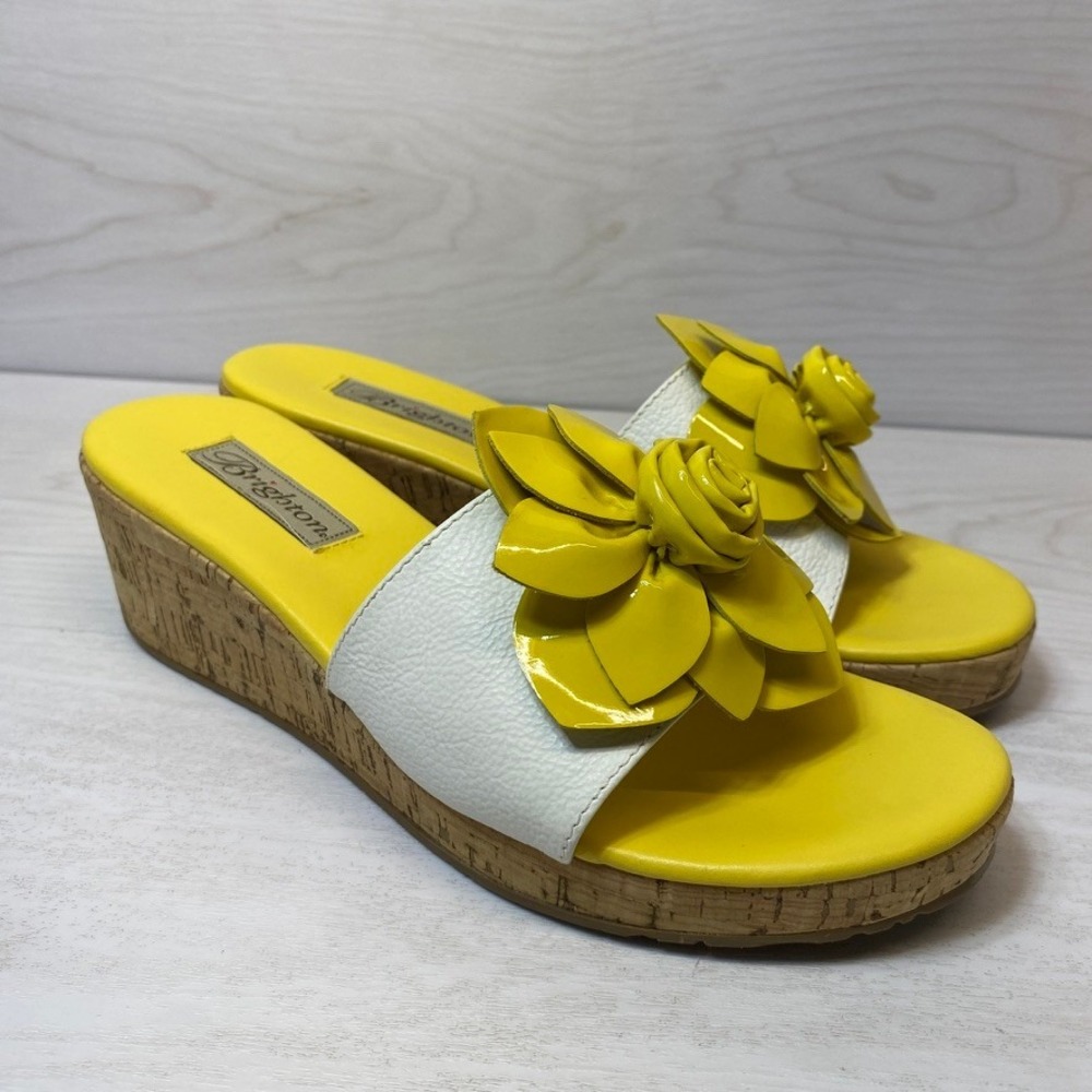 Brighton Womens 7.5 Helena Wedge Sandal Floral Yellow White Leather Cork Wedges